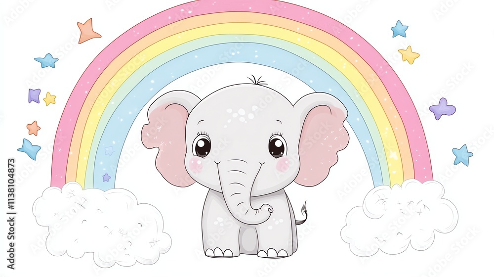 A cute cartoon baby elephant standing in front of a rainbow with stars. A cute cartoon baby elephant standing in front of a rainbow with stars.