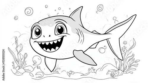 A black and white cartoon drawing of a baby shark swimming.
