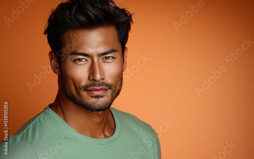 man with casual t-shirt is smiling at the camera, solid color background