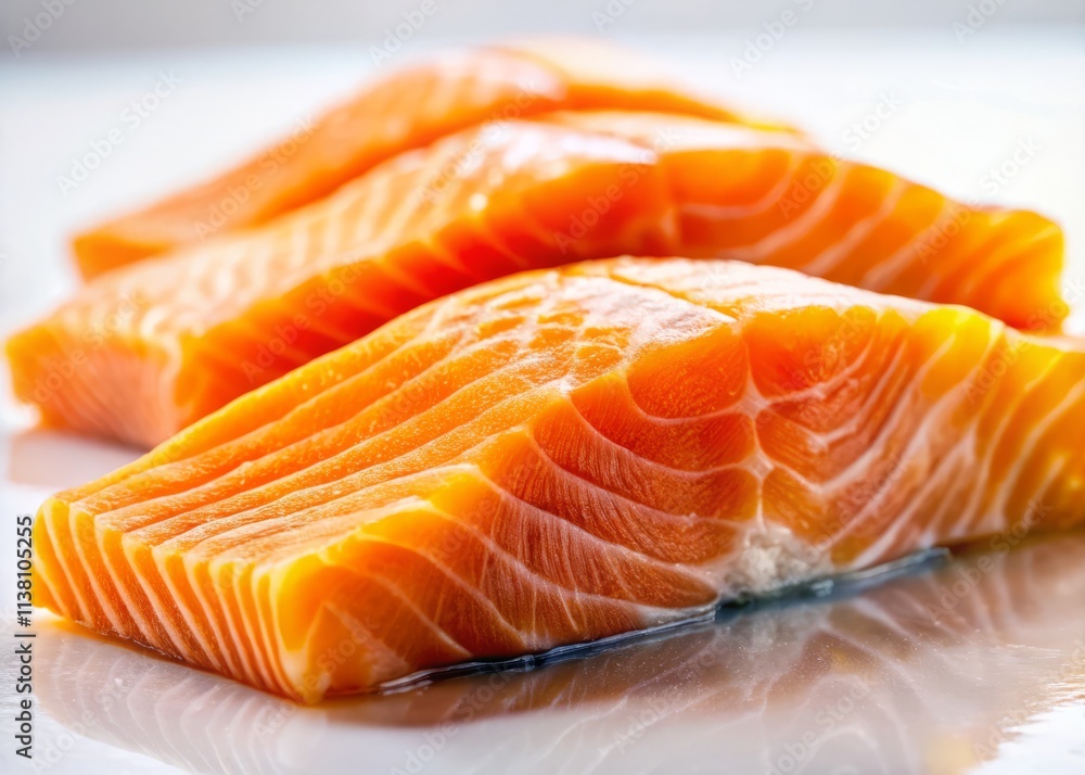 Sliced Raw Fatty Salmon Close Up, Isolated White Background, Gourmet Seafood, Sushi Grade, Fresh Fish, Raw Salmon Texture, Salmon Fillet, High Resolution Food Photography Sliced Raw Fatty Salmon Close Up, Isolated White Background, Gourmet Seafood, Sushi Grade, Fresh Fish, Raw Salmon Texture, Salmon Fillet, High Resolution Food Photography