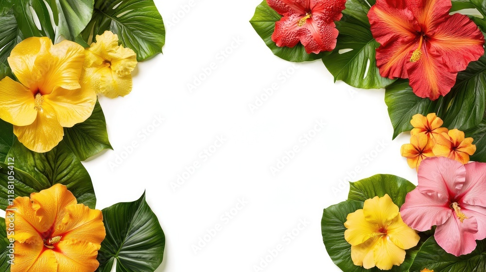 Summer sale concept. Colorful hibiscus flowers surrounded by lush green leaves on a blank background. Summer sale concept. Colorful hibiscus flowers surrounded by lush green leaves on a blank background.