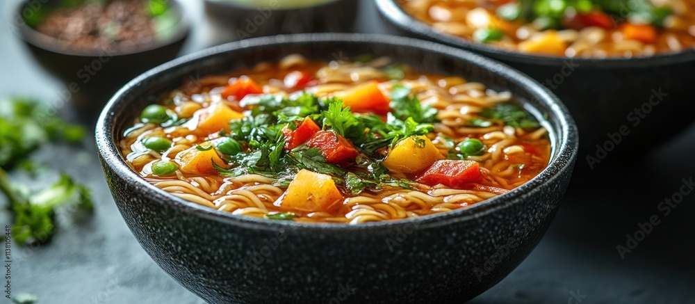 Spicy vegetable noodle soup in a bowl. Spicy vegetable noodle soup in a bowl.