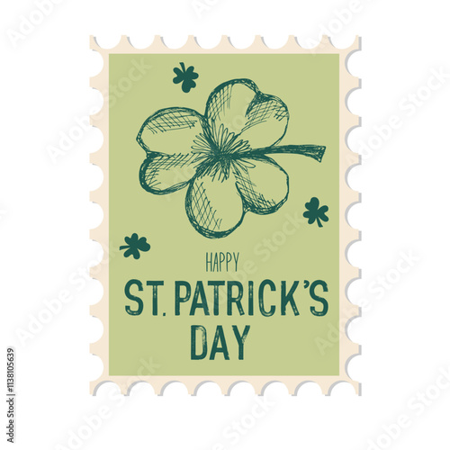 Happy St Patrick's day. Retro postage stamp with clover. Vector element