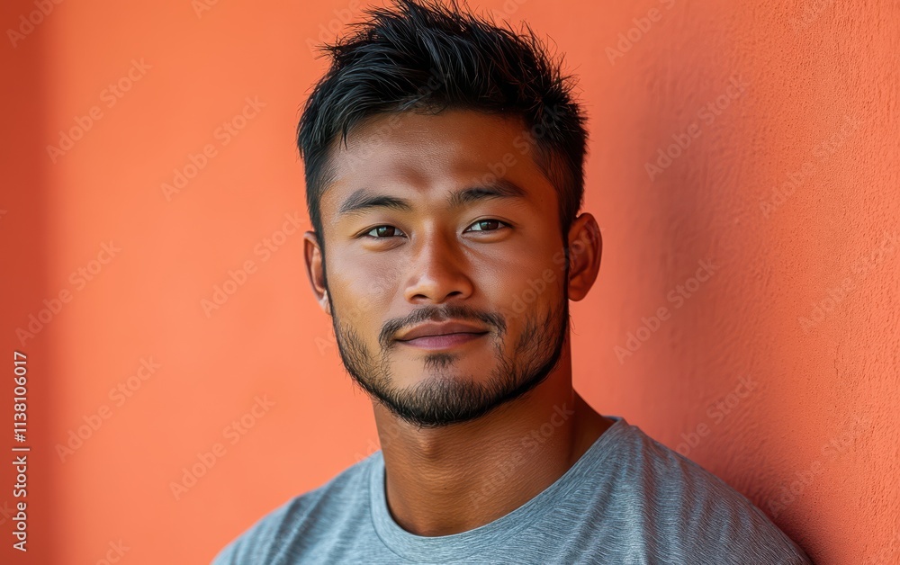 man with casual t-shirt is smiling at the camera, solid color background