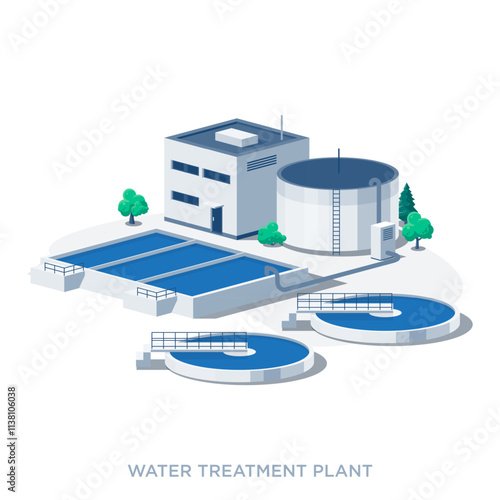 Waste water treatment plant with two circular filter tanks and reservoir storage. Wastewater filtration purification system facility. Environment ecology industry. Isolated vector illustration icon photo