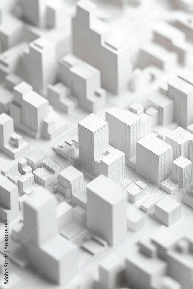 Fototapeta premium 3D rendering of city with buildings, streets and small blocks on the ground