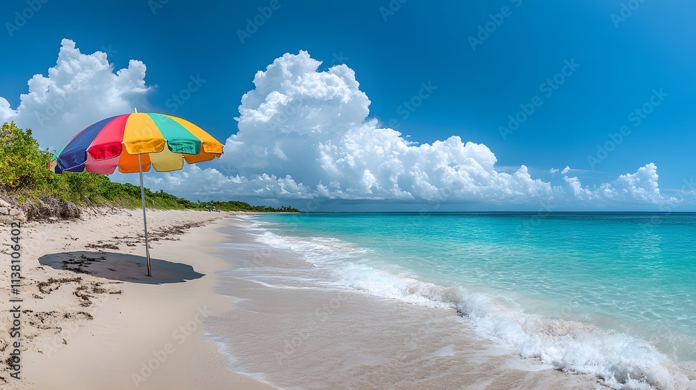 Vibrant beach scene with rainbow-colored umbrella on sand, set against turquoise ocean and white clouds, capturing summer vacation essence with natural lighting in wide angle perspective. Vibrant beach scene with rainbow-colored umbrella on sand, set against turquoise ocean and white clouds, capturing summer vacation essence with natural lighting in wide angle perspective.