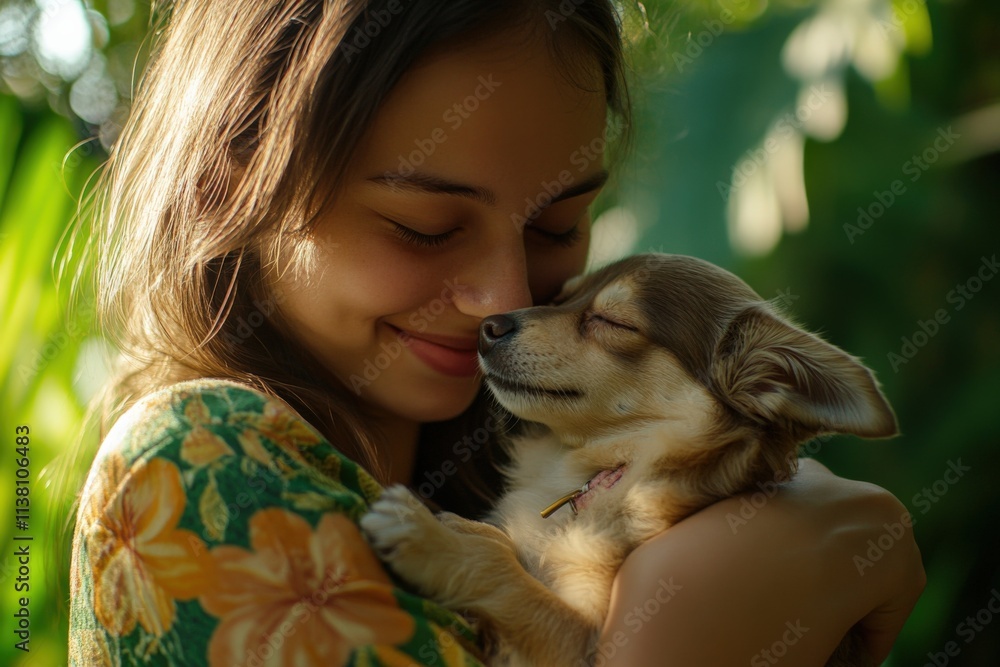 a young woman holds her small dog outside a young woman holds her small dog outside