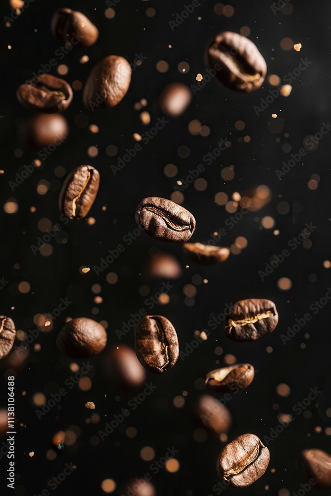 Coffee beans suspended in air with golden particles creating a beautiful and dynamic effect against a dark background Coffee beans suspended in air with golden particles creating a beautiful and dynamic effect against a dark background