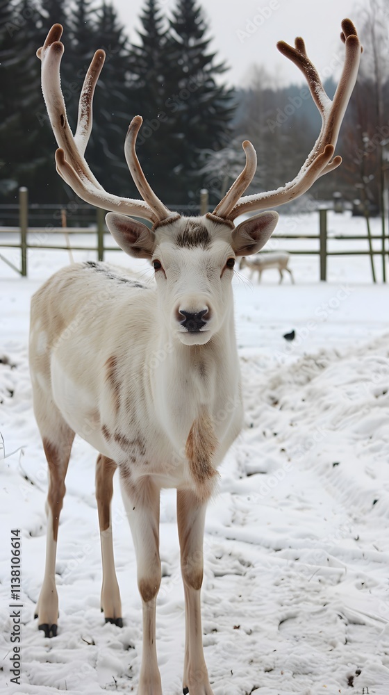 A majestic white deer with perfect antlers, and beautiful winter scenery A majestic white deer with perfect antlers, and beautiful winter scenery