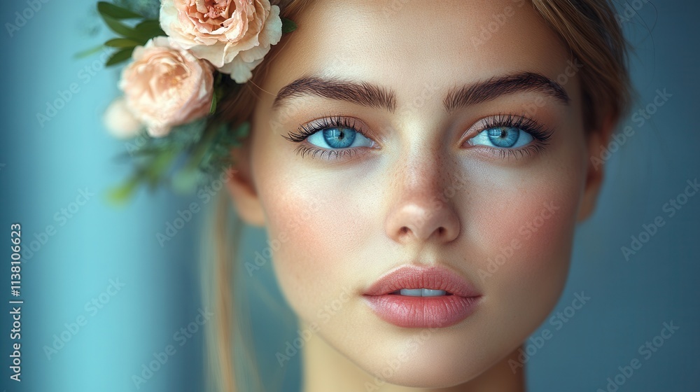 Stunning portrait of a young woman with blue eyes and floral accents set against a soft background Stunning portrait of a young woman with blue eyes and floral accents set against a soft background