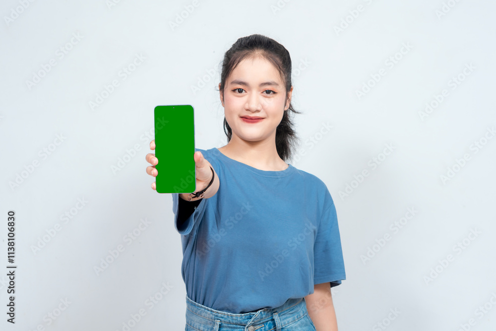 Young Asian woman showing on green screen of phone with smile and happy feeling in white background. Indonesian woman on white background. Young Asian woman showing on green screen of phone with smile and happy feeling in white background. Indonesian woman on white background.