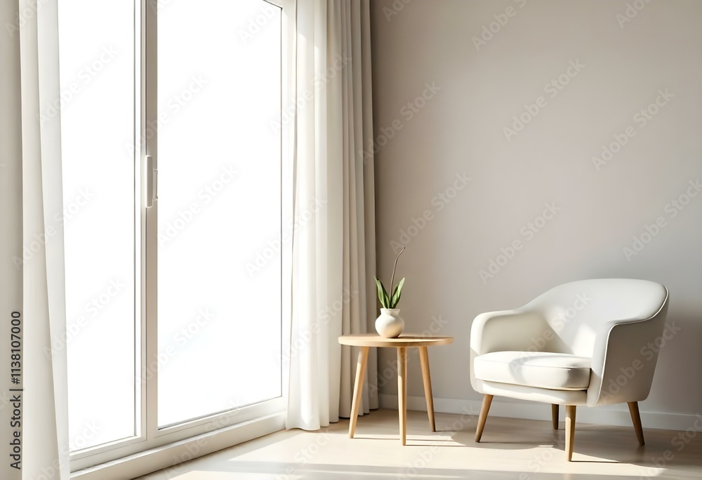Fototapeta premium A minimalist living room with a white armchair, a wooden side table, and a large window with sheer curtains letting in natural light