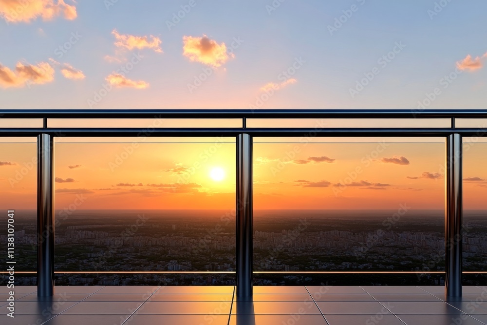Fototapeta premium A detailed 3D illustration of a modern, sleek glass fence on a balcony, overlooking a breathtaking cityscape at sunset