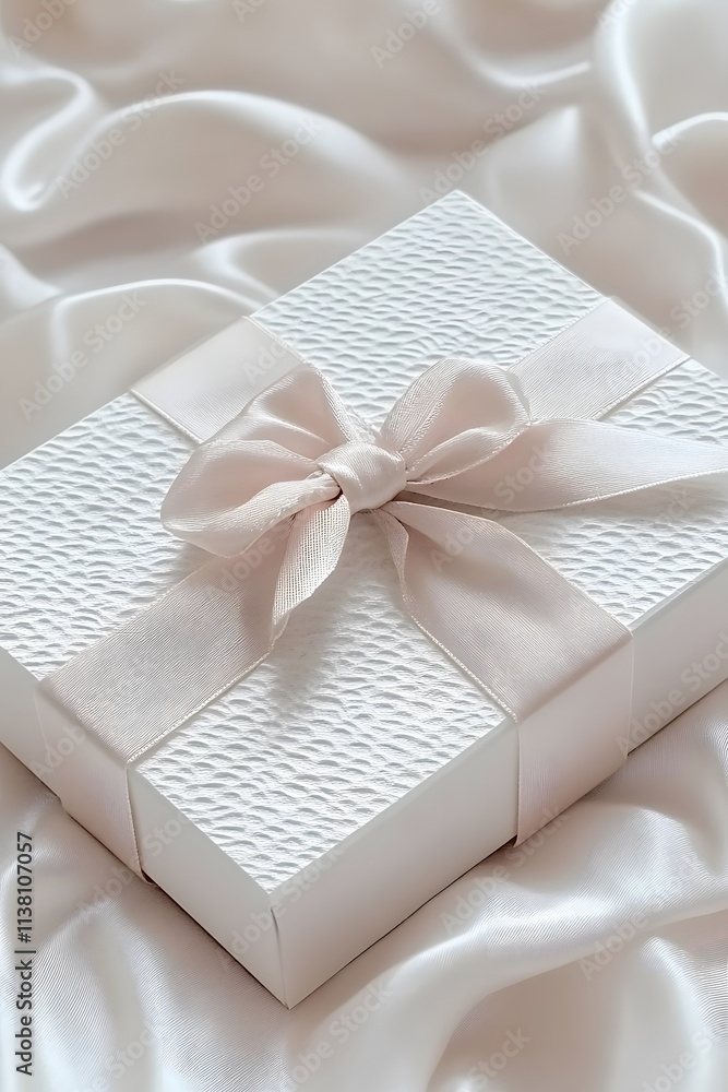 A beautifully wrapped white gift box tied with a soft ribbon on silky fabric. A beautifully wrapped white gift box tied with a soft ribbon on silky fabric.