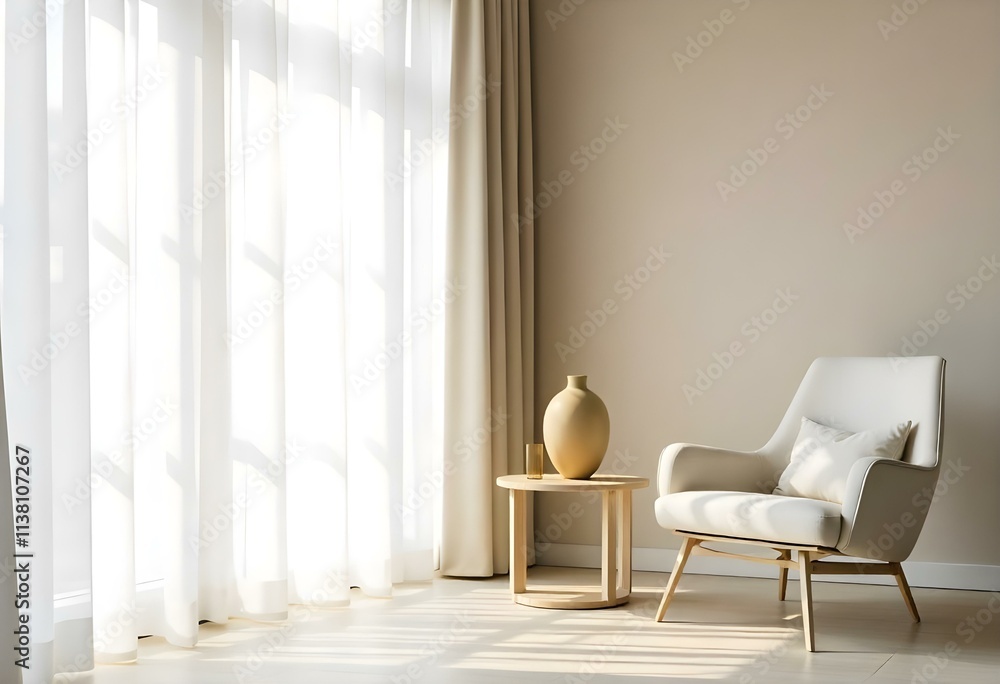 Fototapeta premium A minimalist living room with a white armchair, a wooden side table, and a large window with sheer curtains letting in natural light