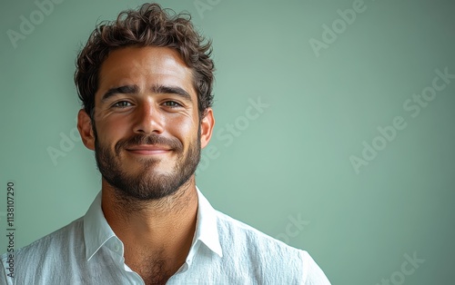 man with casual t-shirt is smiling at the camera, solid color background