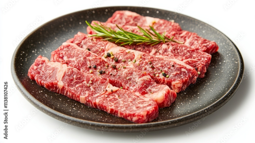 A close-up of fresh beef slices on a modern stoneware plate, top down view, plain white background A close-up of fresh beef slices on a modern stoneware plate, top down view, plain white background