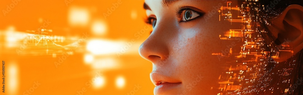Futuristic Cybernetic Woman Head in Orange Glow Futuristic Cybernetic Woman Head in Orange Glow