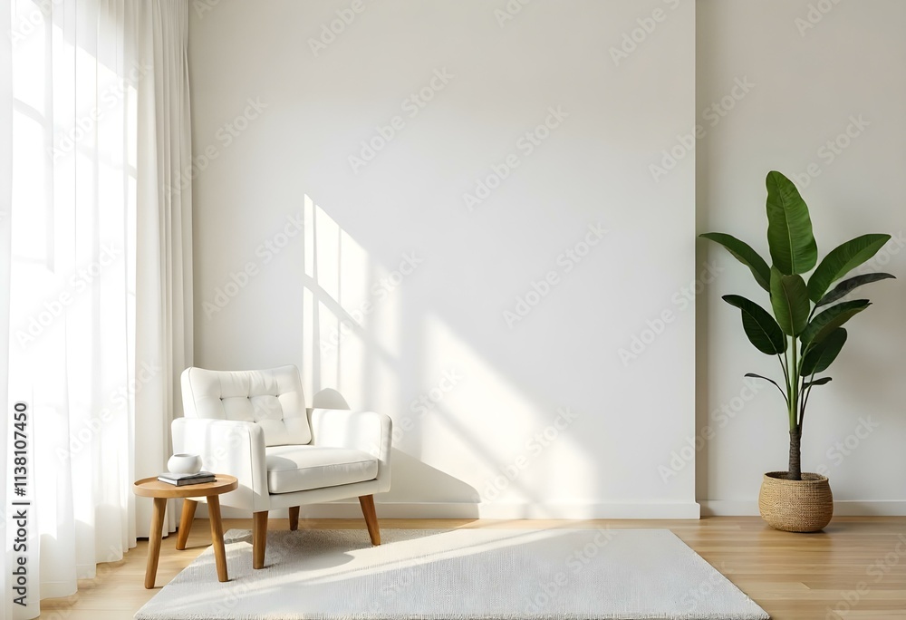 A minimalist living room with a white armchair, a wooden side table, and a large window with sheer curtains letting in natural light A minimalist living room with a white armchair, a wooden side table, and a large window with sheer curtains letting in natural light