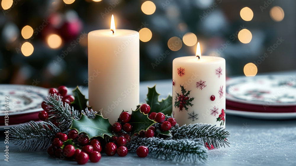 Festive Candle Centerpiece with Holly and Pine Decor Festive Candle Centerpiece with Holly and Pine Decor