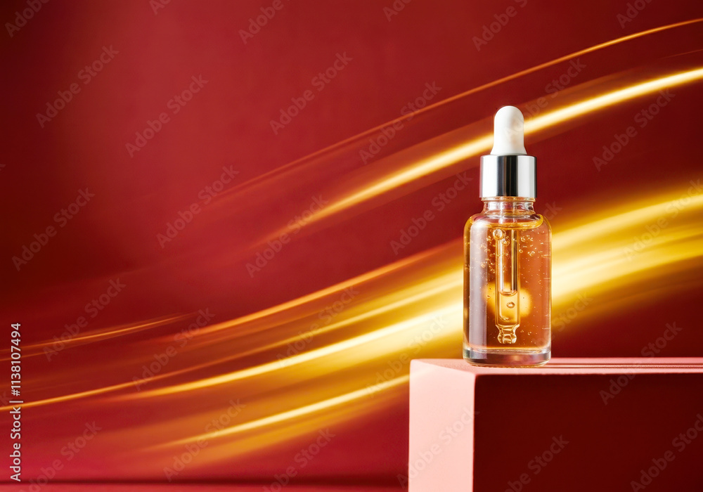 Naklejka premium Luxurious serum bottle with golden liquid on red background with light streaks