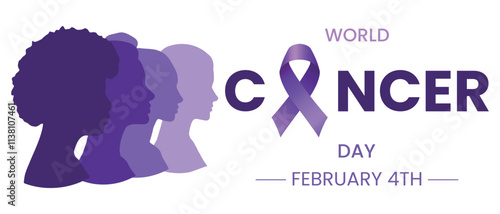 Vector horizontal world Cancer Day banner with purple ribbon and silhouettes of women of different nationalities standing side by side. Cancer prevention poster