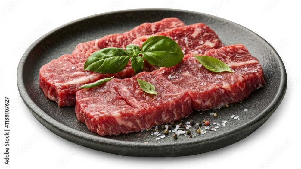 A close-up of fresh beef slices on a modern stoneware plate, top down view, plain white background A close-up of fresh beef slices on a modern stoneware plate, top down view, plain white background