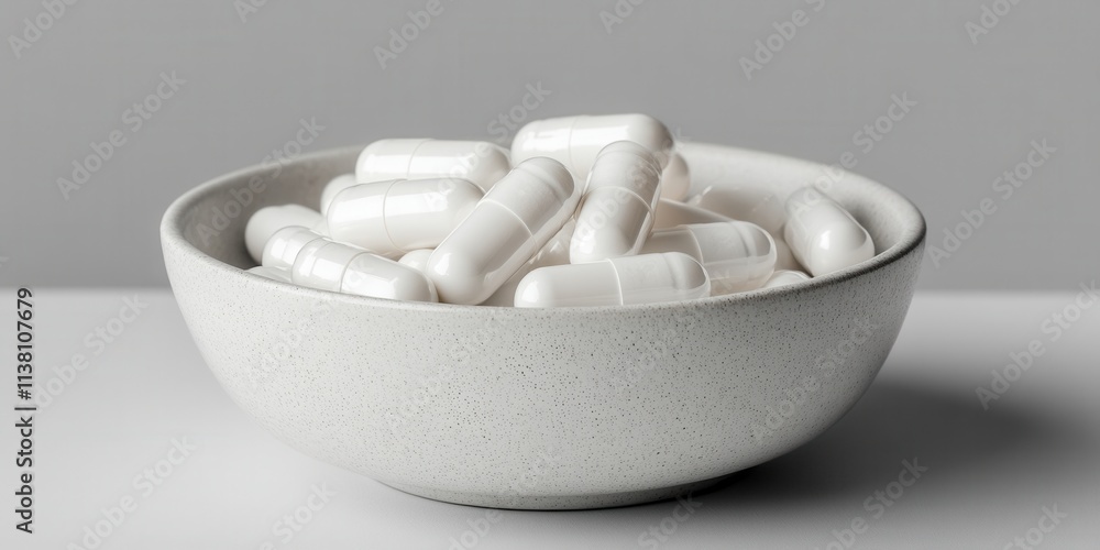 White capsules placed neatly in a modern ceramic bowl, emphasizing simplicity and minimalism with a soft gray background White capsules placed neatly in a modern ceramic bowl, emphasizing simplicity and minimalism with a soft gray background