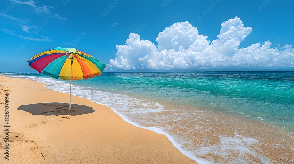 Vibrant beach scene with rainbow-colored umbrella on sand, set against turquoise ocean and white clouds, capturing summer vacation essence with natural lighting in wide angle perspective. Vibrant beach scene with rainbow-colored umbrella on sand, set against turquoise ocean and white clouds, capturing summer vacation essence with natural lighting in wide angle perspective.