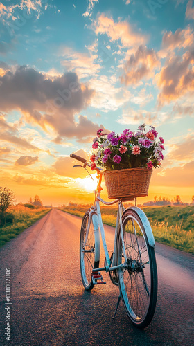 A vintage bicycle with flowers in a basket, parked on an open road overlooking a beautiful sunset sky. photo