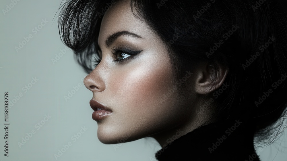 Elegant profile of a woman with flawless makeup showcasing artistry and beauty in a minimalist setting Elegant profile of a woman with flawless makeup showcasing artistry and beauty in a minimalist setting