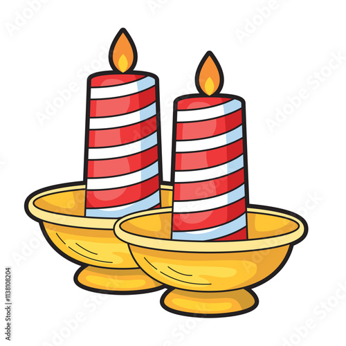 Two red and white striped candles in golden holders, suitable for Christmas Themed designs, holiday promotions, festive greeting cards, and cozy home decor