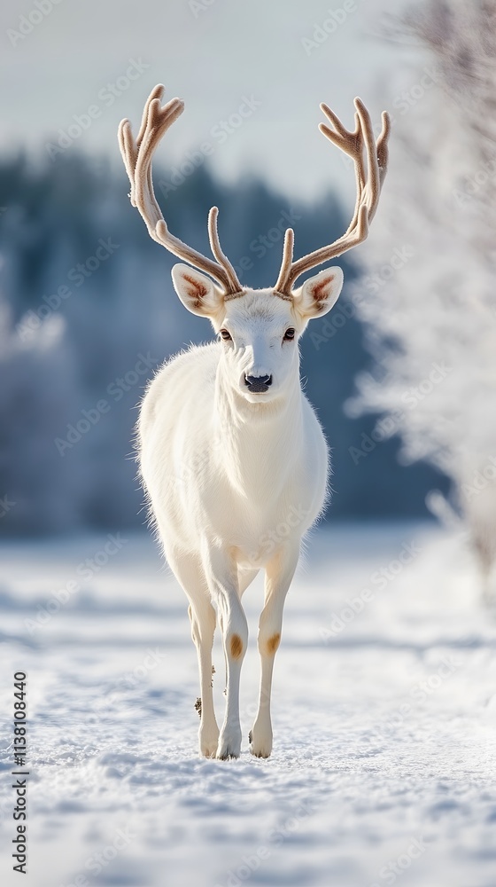 A majestic white deer with perfect antlers, and beautiful winter scenery A majestic white deer with perfect antlers, and beautiful winter scenery