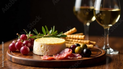 Snack plate with cheese, grapes, salami and white wine on wooden background