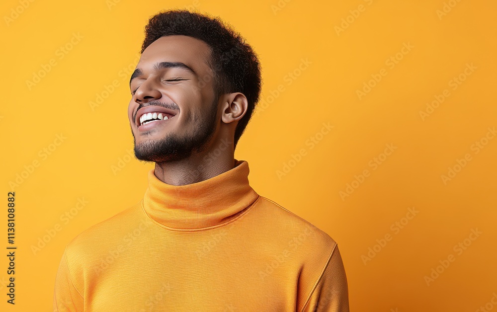Obraz premium man with casual t-shirt is smiling at the camera, solid color background