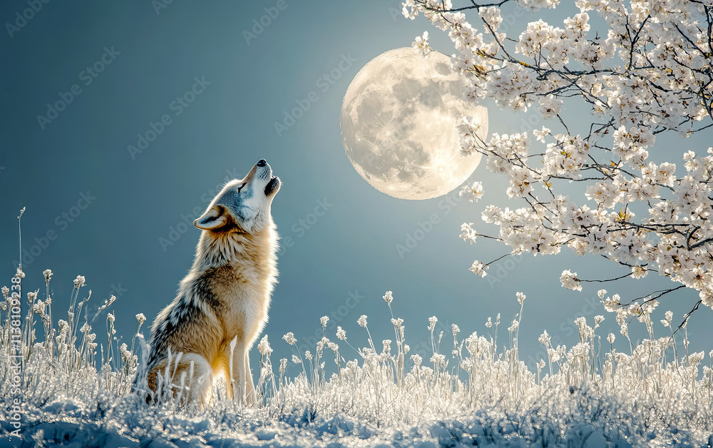 Fototapeta premium Mystical scene of a wolf howling at the full moonю. Ideal as a background banner or screensaver for devices and social media.