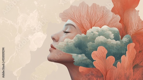 Woman's profile blended with clouds and nature elements