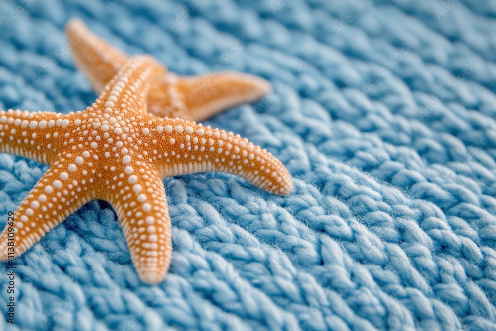 Two starfish on a blue knit background Two starfish on a blue knit background