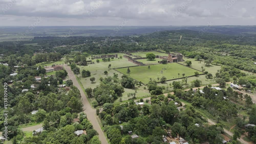 Drone orbits from south to the west side of complex of Jesuit ruins in Trinidad, Paraguay Drone orbits from south to the west side of complex of Jesuit ruins in Trinidad, Paraguay