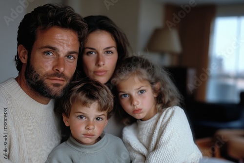 A loving family poses together in a comfortable living space, showcasing their strong bond and happiness amidst the warmth and familiarity of home life. photo