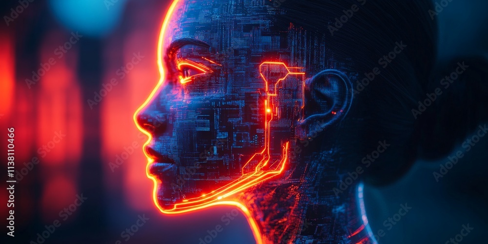 Futuristic Cybernetic Woman Head in Orange Glow Futuristic Cybernetic Woman Head in Orange Glow