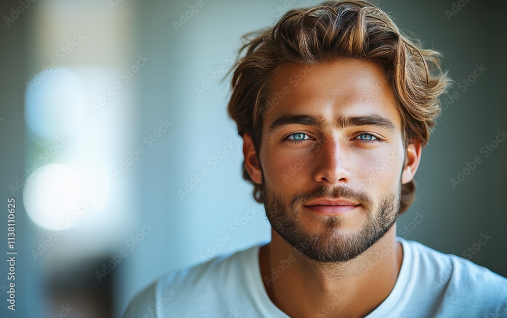 man with casual t-shirt is smiling at the camera, blurred room background man with casual t-shirt is smiling at the camera, blurred room background