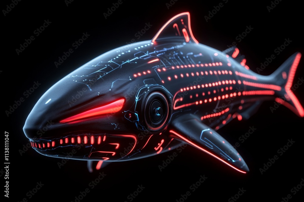 A futuristic depiction of a robotic fish swimming in a glowing, digital ocean, with neon highlights and intricate mechanical details A futuristic depiction of a robotic fish swimming in a glowing, digital ocean, with neon highlights and intricate mechanical details