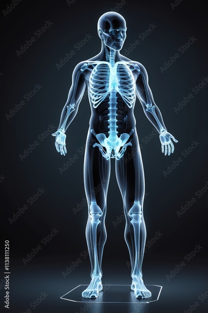 3D digital X-ray body scan interface with glowing blue visuals. 3D digital X-ray body scan interface with glowing blue visuals.