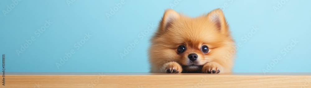 A cute Pomeranian puppy peeking over a wooden surface against a blue background. A cute Pomeranian puppy peeking over a wooden surface against a blue background.