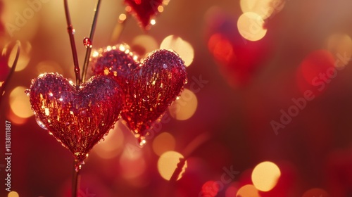 Golden bokeh in the shape of hearts on red background. Celebrating Valentine's day