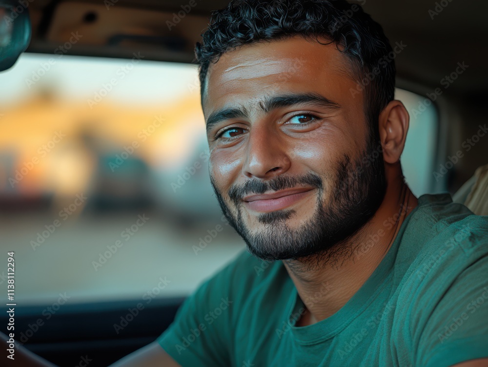 A man with a beard is smiling and wearing a t-shirt in a blurred background A man with a beard is smiling and wearing a t-shirt in a blurred background