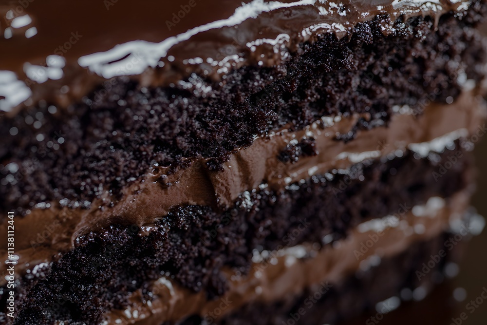 A close-up view of a rich chocolate cake with layers and glossy frosting. A close-up view of a rich chocolate cake with layers and glossy frosting.