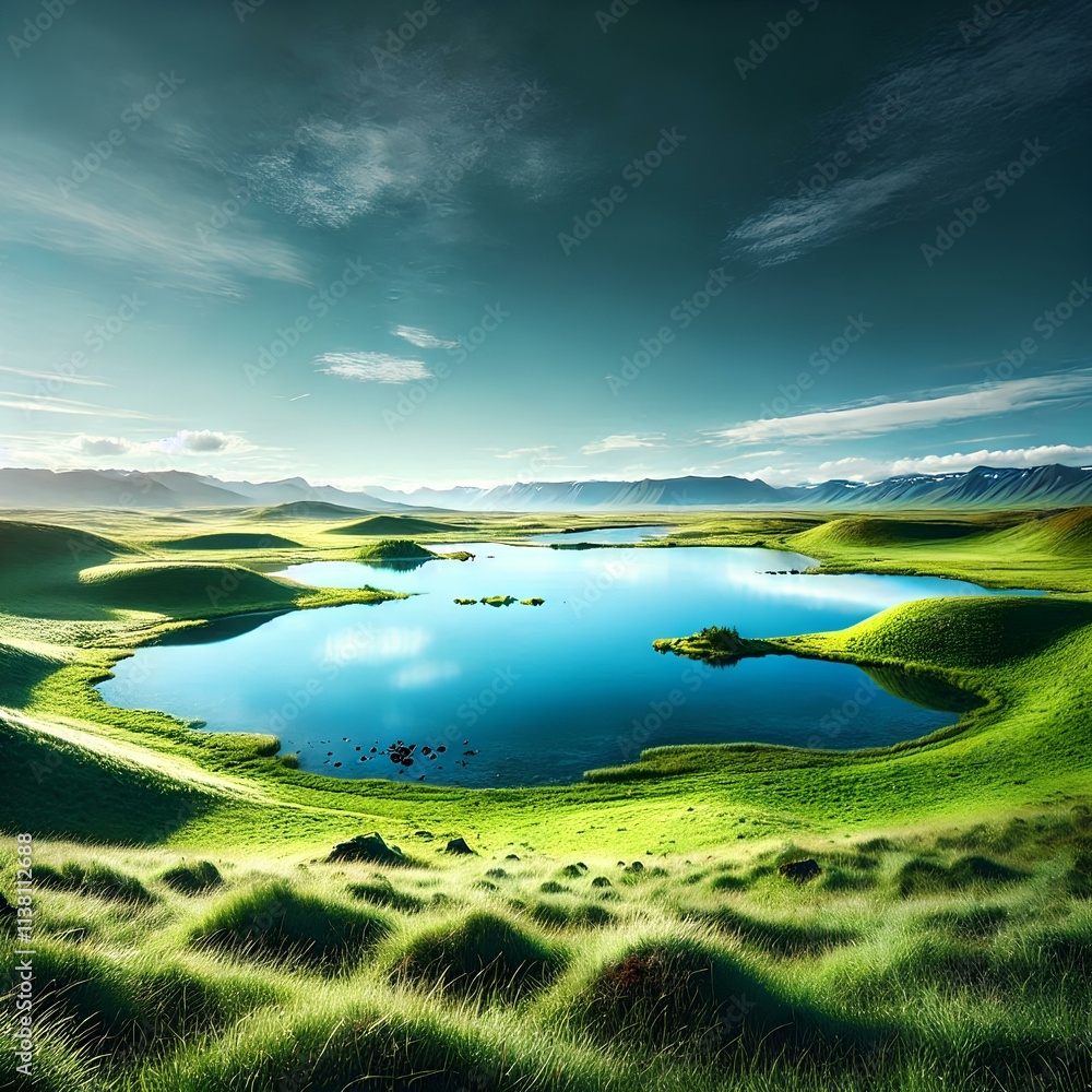 Tranquil Scenic Lake with Rolling Green Hills Under Blue Sky Tranquil Scenic Lake with Rolling Green Hills Under Blue Sky